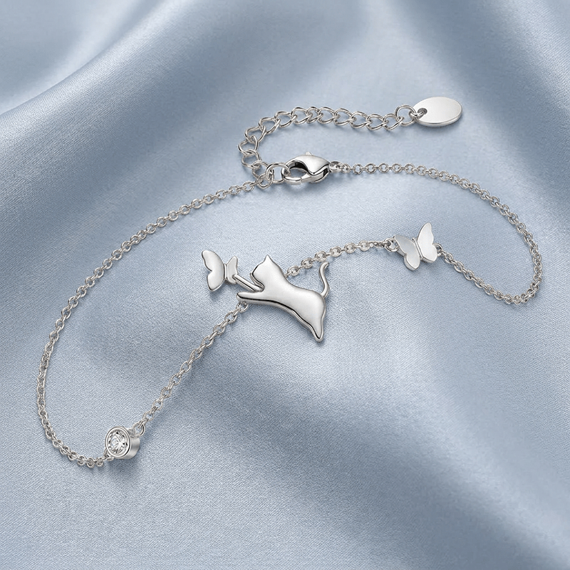 Women's Leaping Cat Catches Butterfly Silver-Plated Bracelet, Unique Design